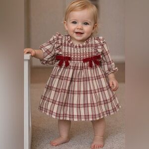 NWT! Bonnie Baby Cream and Red Plaid Smocked Dress with Velvet Bows